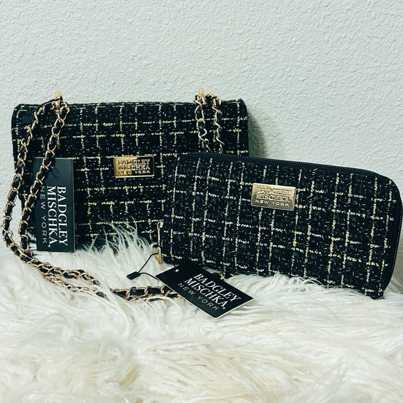 Badgley Mischka Handbags - Badgley Mischka Black and Gold Tweed Bag & Wallet Matching Set NWT